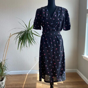 🔥 (5for$35) VTG RAOUL  Black Colorful Geometric Feather Preppy Boho Dress